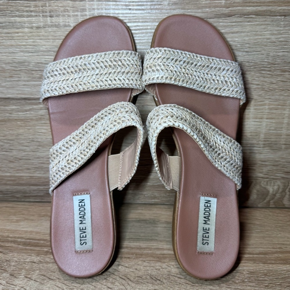 Steve Madden Beige Woven Dual Strap Slides Sandals Tan Size 8.5 Slip On Shoes - Picture 7 of 10